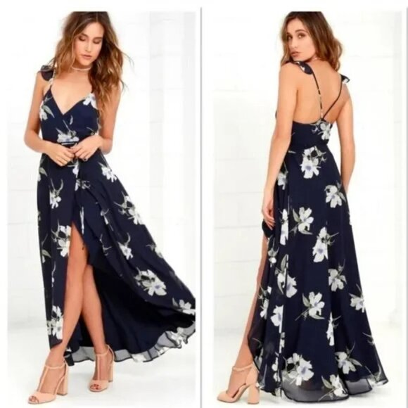 LULUS All Mine Navy Blue Floral Print High-Low Maxi Wrap Dress 65229 - Picture 2 of 13
